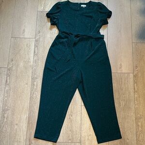 CALVIN KLEIN PLEATED TULIP SHORT SLEEVE GREEN METALLIC JUMPSUIT SIZE 16